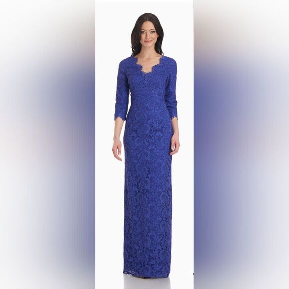 JS COLLECTION Simone V-Neck Lace  Column Gown NWOT size 6 Marine Blue - Picture 1 of 7